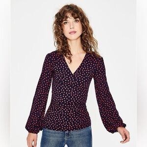 Boden Red and Navy Polka Dot Puff Sleeve Faux Wrap Blouse